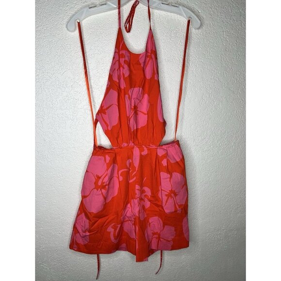 Staud Red Pink Tropical Hawaiian Floral Halter Open Back Romper Womens US 0 (W) - Picture 3 of 6